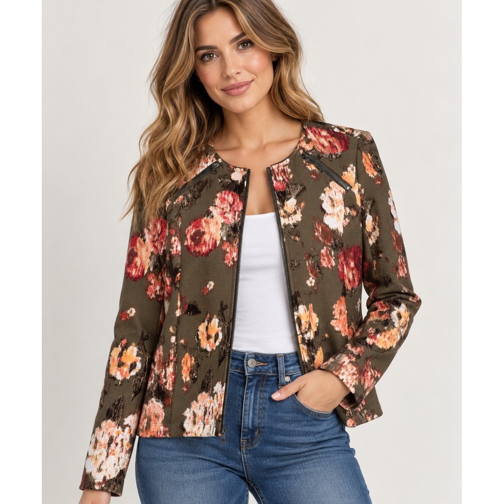Simonton Says Floral Moto Jacket M Abstract Art Zip Front Textured Boho